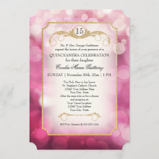 Modern Bokeh Sparkle Pink Twinkle Quinceanera Einladung