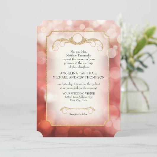 Modern Bokeh Sparkle Twinkle Marsala Wedding Einladung (Stehend Vorderseite)