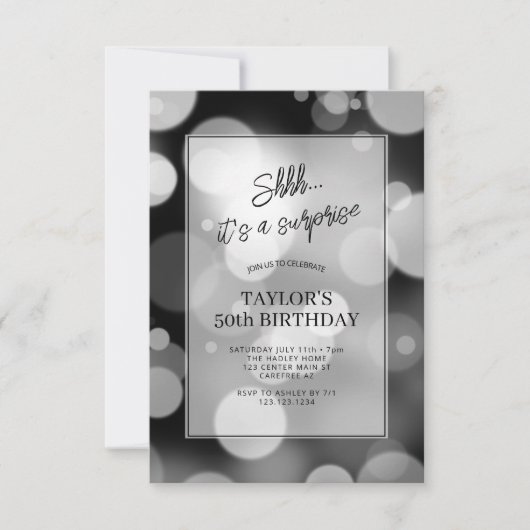 Modern Bokeh Überraschung 50. Geburtstag Einladung (Vorderseite)
