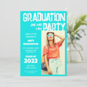 Modern Bold Aqua Blue White Foto 2023 Abschluss Einladung (Stehend Vorderseite)