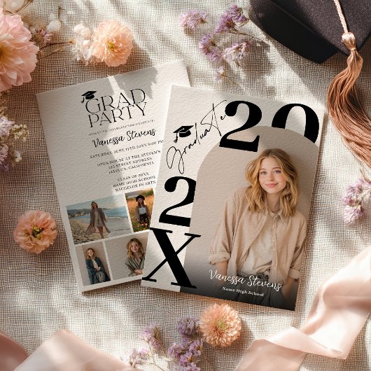 Modern Bold Black white Trendy 6 photos graduation Einladung