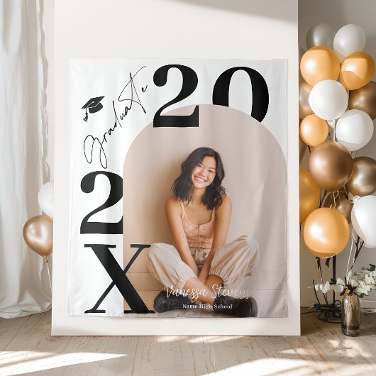 Modern Bold Black white Trendy photo graduation Wandteppich