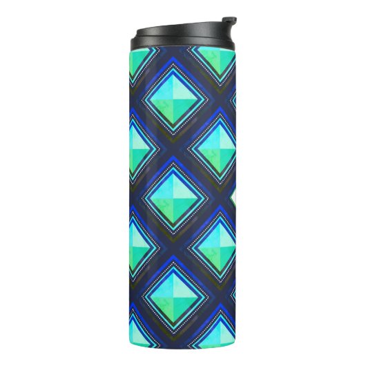 Modern Bold Blue Green Geometric Diamonds & Name Thermosbecher (Nach links gedreht)