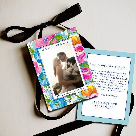 Modern Bold Bright Colorful Floral Photo Wedding Dankeskarte