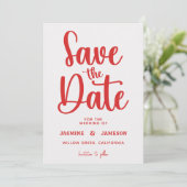 Modern Bold Casual Red Script Photo Wedding Retro Save The Date (Stehend Vorderseite)