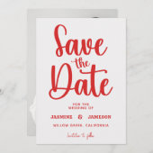 Modern Bold Casual Red Script Photo Wedding Retro Save The Date (Vorne/Hinten)
