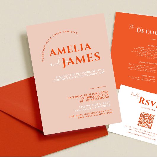 Modern Bold Minimalist orange and Pink Wedding Einladung