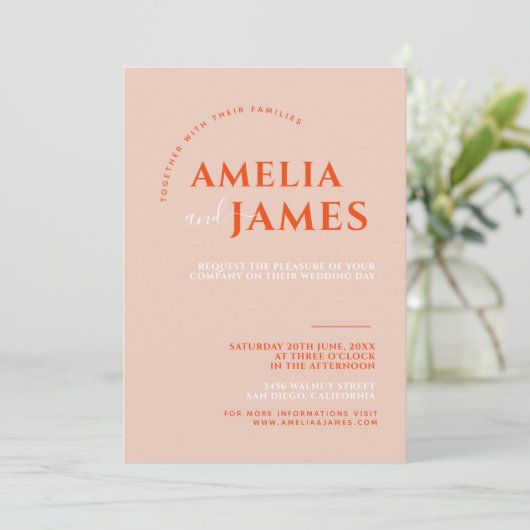Modern Bold Minimalist orange and Pink Wedding Einladung (Stehend Vorderseite)