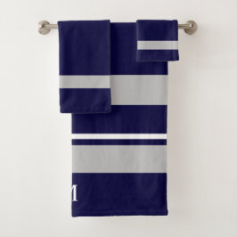 Modern Bold Navy Blue Strip Monogramm Badhandtuch Set