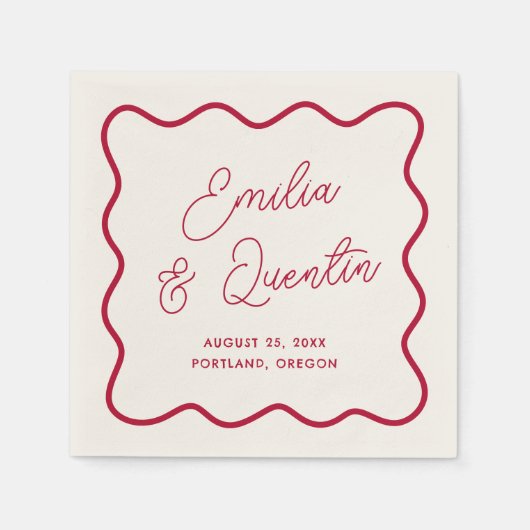 Modern Bold Red Wavy Frame Retro Wedding Serviette (Vorderseite)