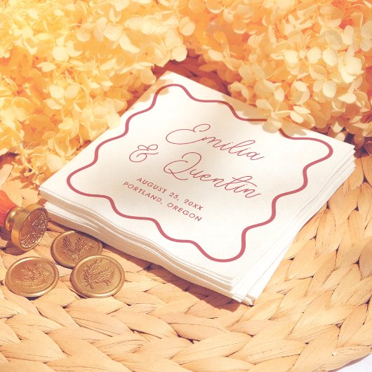 Modern Bold Red Wavy Frame Retro Wedding Serviette