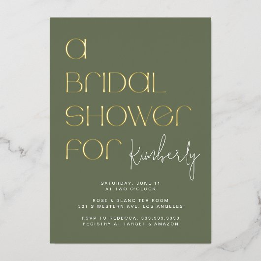 Modern Bold Sage Green Brautparty Gold Folieneinladung (Vorderseite)