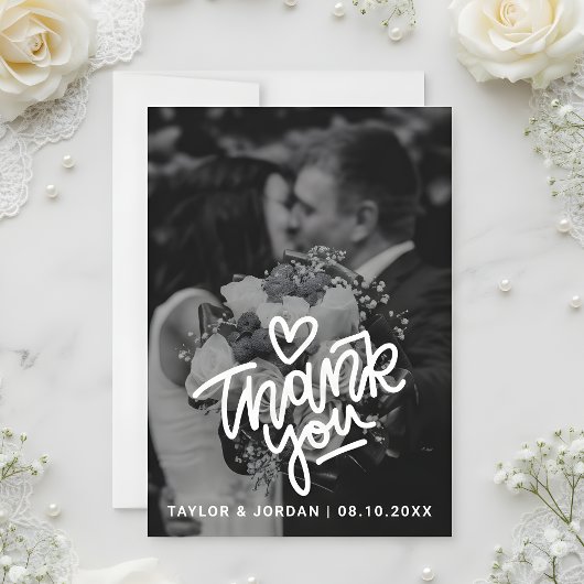 Modern Bold Script Heart Photo Wedding  Dankeskarte