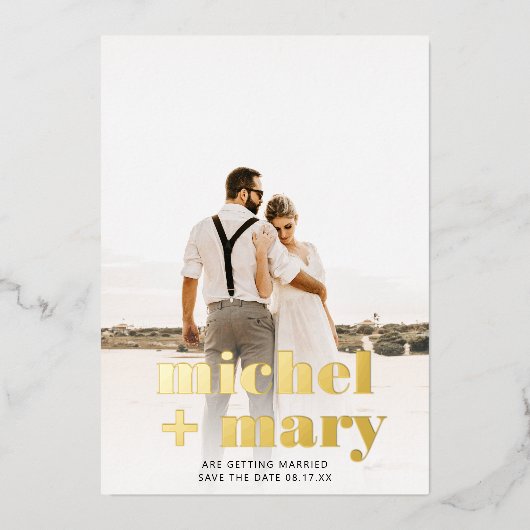 Modern bold script save the date wedding photo folieneinladung (Vorderseite)