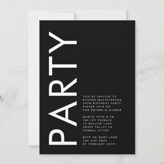 Modern Bold Simple Schwarz-weiß 40. Party Geburtst Einladung (Vorderseite)