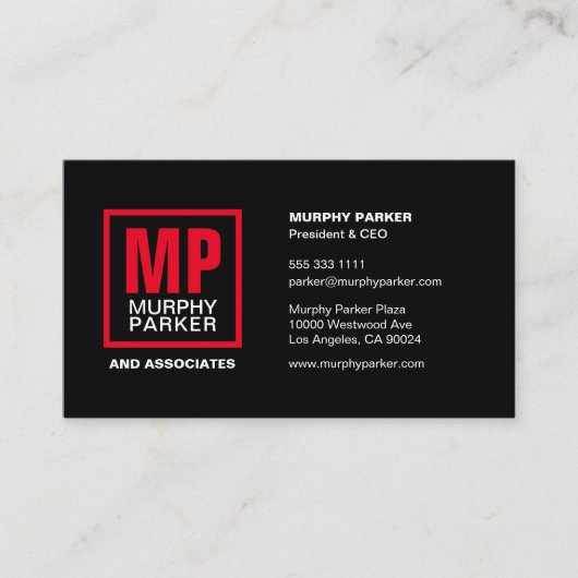 Modern Bold Square Monogram Logo Black Red Visitenkarte (Vorderseite)
