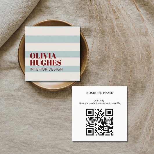Modern Bold Stripes Green Deep Red QR code Quadratische Visitenkarte