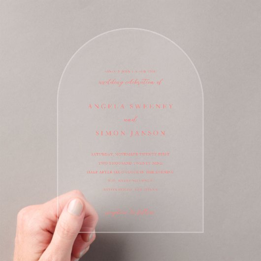 Modern Bold Vibrant Coral Simple Wedding Acryleinladungen (Insitu (Handheld))