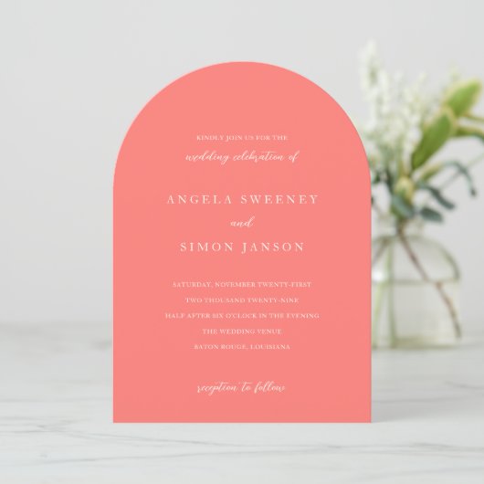 Modern Bold Vibrant Coral Simple Wedding Einladung (Stehend Vorderseite)