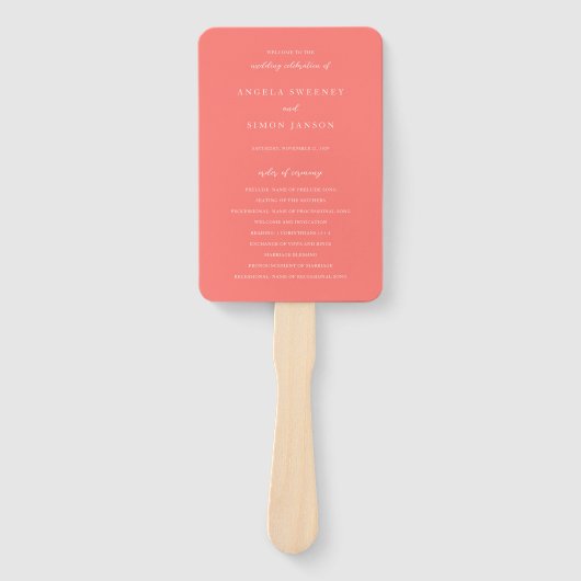 Modern Bold Vibrant Coral Simple Wedding Program Fächer (Vorderseite)