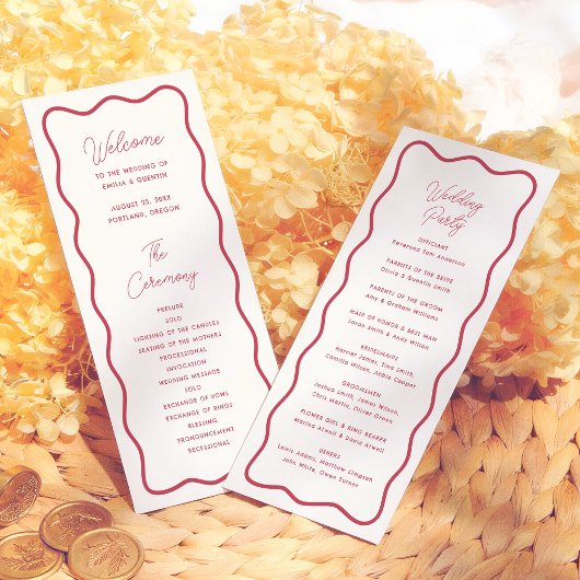 Modern Bold Wavy Frame Retro Red Wedding Programm