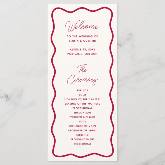 Modern Bold Wavy Frame Retro Red Wedding Programm (Vorderseite)