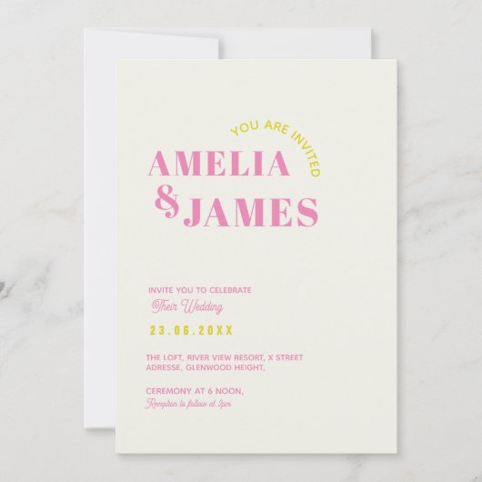 modern Bold Wavy funky Chartreuse & pink Wedding Einladung (Vorderseite)