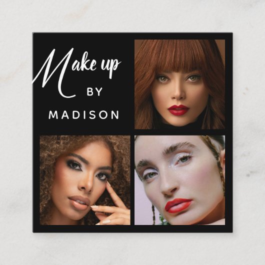 Modern Bold White Script 3 Photo Makeup Quadratische Visitenkarte (Vorderseite)