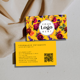 Modern Bold Yellow Floral Custom Logo QR Code Visitenkarte