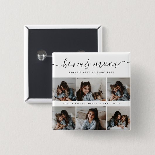Modern Bonus Mama Script Foto Collage Mothers Day Button (Vorne & Hinten)