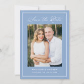 Modern Border Script Blue Photo Wedding Save The Date (Vorderseite)