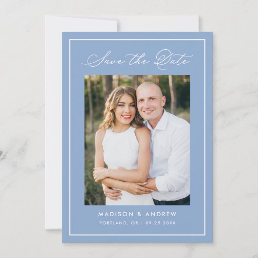 Modern Border Script Blue Photo Wedding Save The Date (Vorderseite)