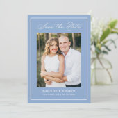 Modern Border Script Blue Photo Wedding Save The Date (Stehend Vorderseite)