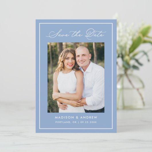 Modern Border Script Blue Photo Wedding Save The Date (Stehend Vorderseite)