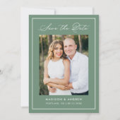 Modern Border Script Sage Green Photo Wedding Save The Date (Vorderseite)