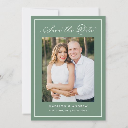 Modern Border Script Sage Green Photo Wedding Save The Date (Vorderseite)