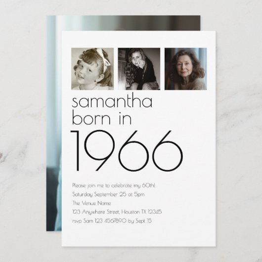 Modern Born in 1966 4 Photos 60th Birthday Party Einladung (Vorne/Hinten)