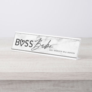 Modern Boss Babe Stilweißer grauer Marmor und Sch Schreibtischnamensplakette