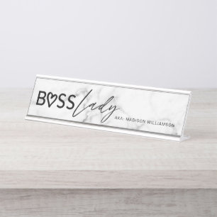 Modern Boss Lady Stylish White Gray Marble & Black Schreibtischnamensplakette