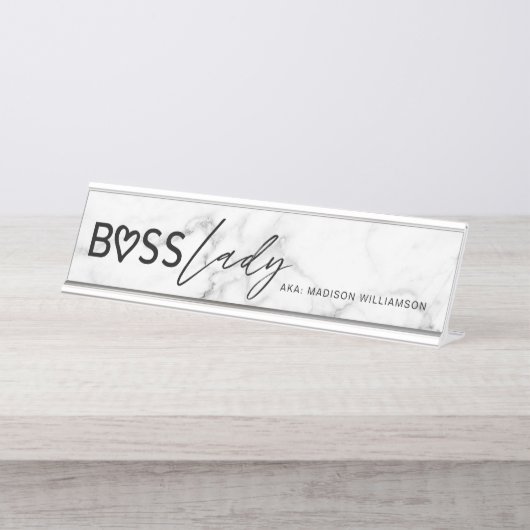 Modern Boss Lady Stylish White Gray Marble & Black Schreibtischnamensplakette (Vorderseite )
