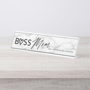 Modern Boss Mama Stilvoll Weiß grauer Marmor & Sc Schreibtischnamensplakette