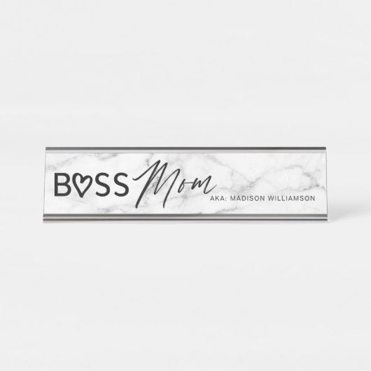 Modern Boss Mama Stilvoll Weiß grauer Marmor & Sch Schreibtischnamensplakette (Vorderseite )