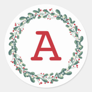 Modern Botanic Red Berry Christmas Monogram Runder Aufkleber