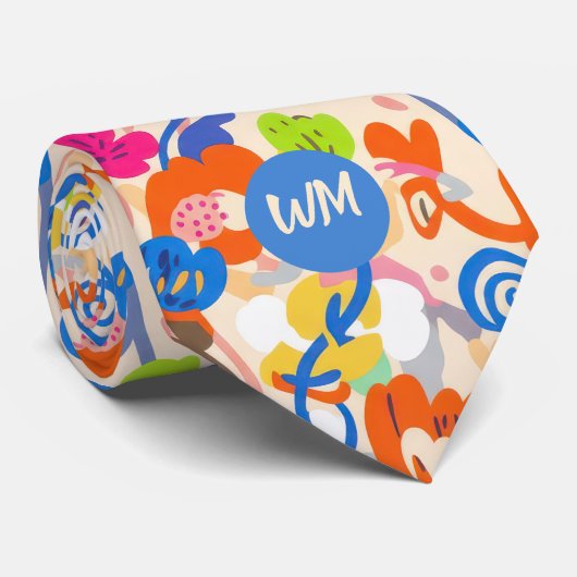 Modern Botanical – Bold Funky Floral Monogram Krawatte (Gerollt)