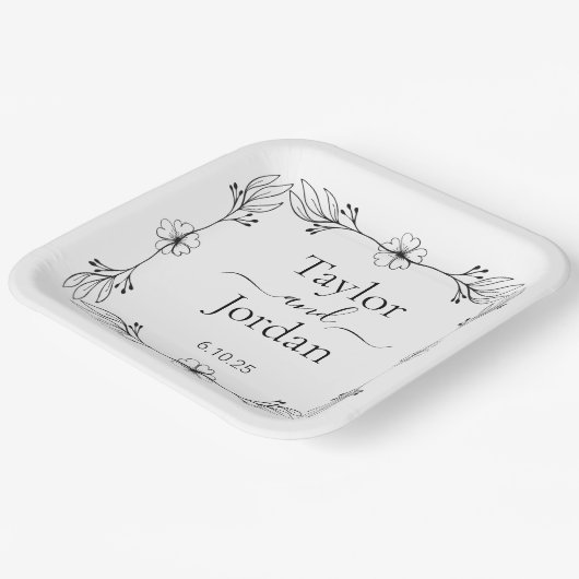 Modern Botanical Border Custom Name Wedding  Pappteller (Gewinkelt)