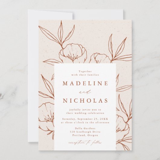 Modern Botanical Floral Cream & Cinnamon Wedding Einladung (Vorderseite)