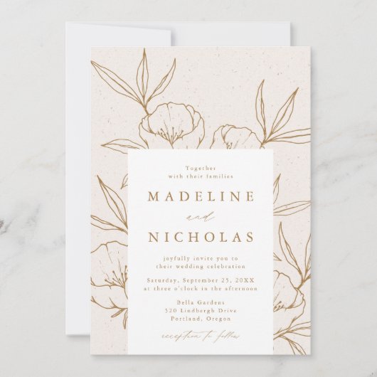 Modern Botanical Floral Cream & Gold Wedding Einladung (Vorderseite)