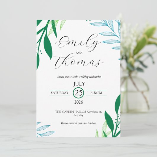 Modern Botanical Green Leaf Wedding Invitation Einladung (Stehend Vorderseite)