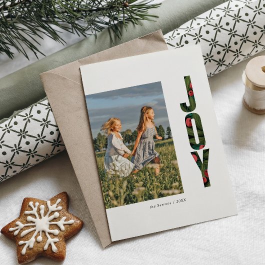 Modern Botanical Joy Red Green Holiday Foto Card