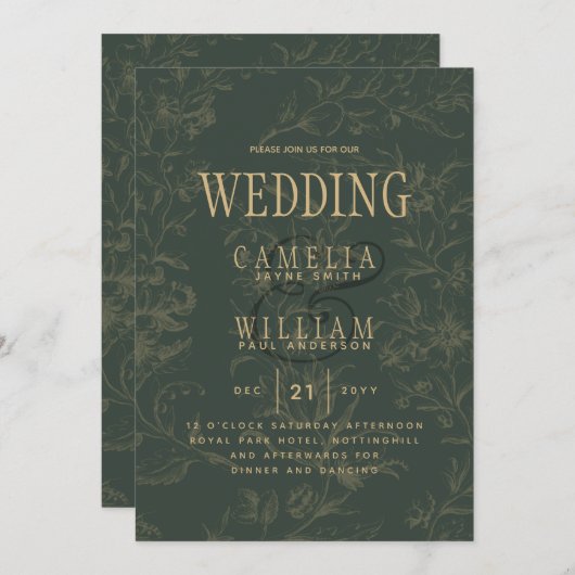 Modern BOTANICAL OLIVE Green Gold Wedding Einladung (Vorne/Hinten)